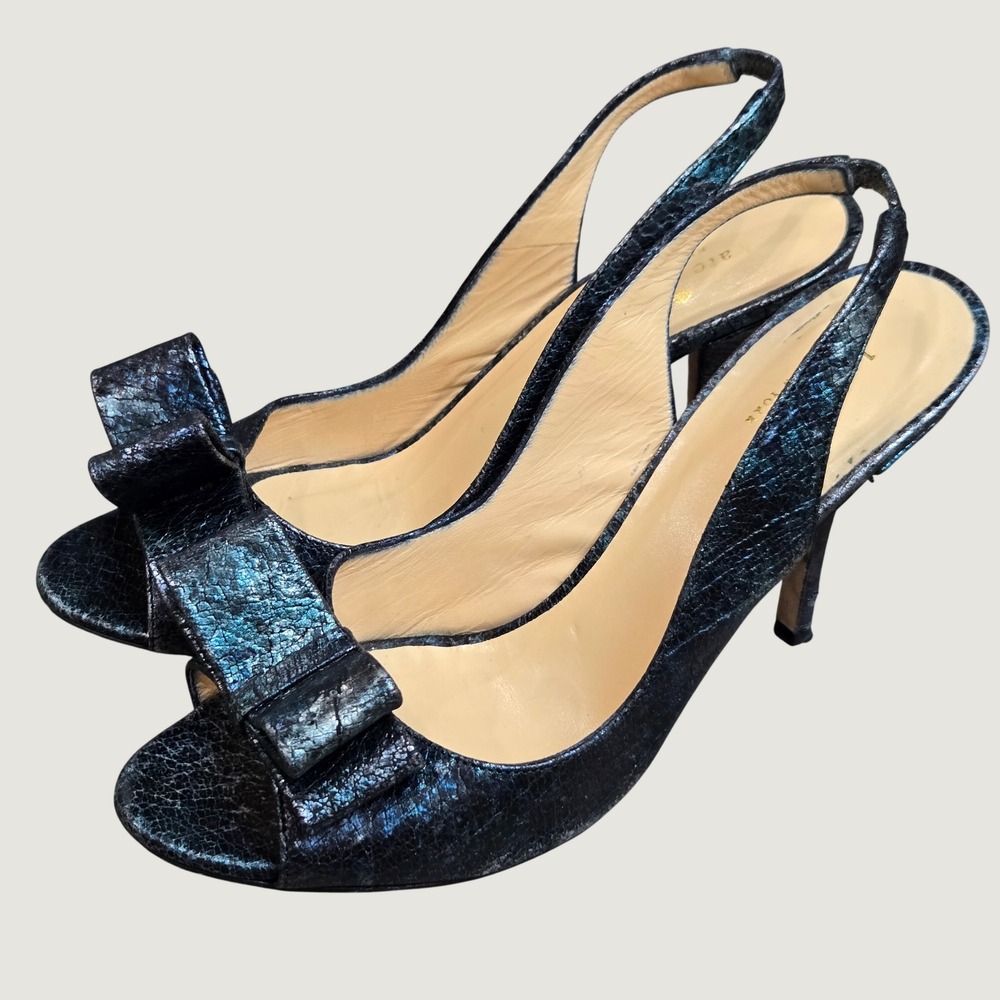 Kate Spade Metallic Navy Blue Leather Bow Slingback Heels Shoes Size 8.5 Event